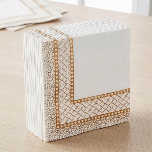 Image of Silk Touch Printed Paper Napkins (50 Pulls Per Pack, 200 Sheets, 33 X 33 cm) | Pack of 4 Printed Tissues | 2 PLY Table Napkins | Party Essential | Floral and Geometric Patterns, Gold and Silver