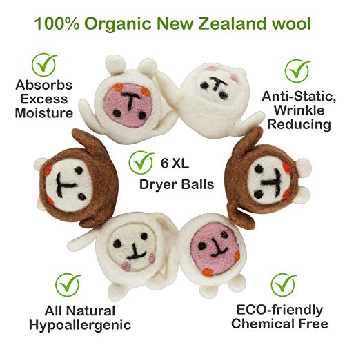 EconoHome Wool Dryer Balls Gift Set - with 2 Essential Oils - 3-Color Sheep, Anti Static Laundry Balls - 100% Organic New Zealand Wool - XL - All Natural, Hypoallergenic Fabric Softener