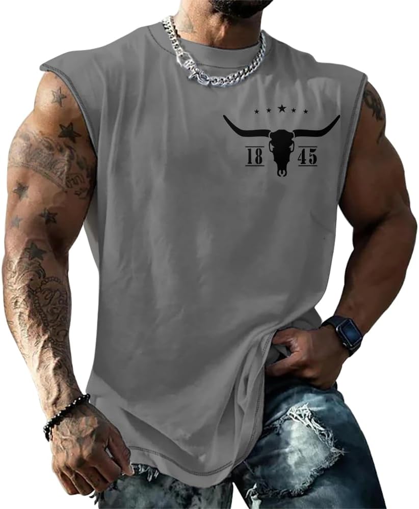 HOTYD Aztec Tank Tops for Men Western Cowboy Retro Bullhorn Print Summer Quick Dry Vest Muscle Sleeveless Cotton T-Shirt