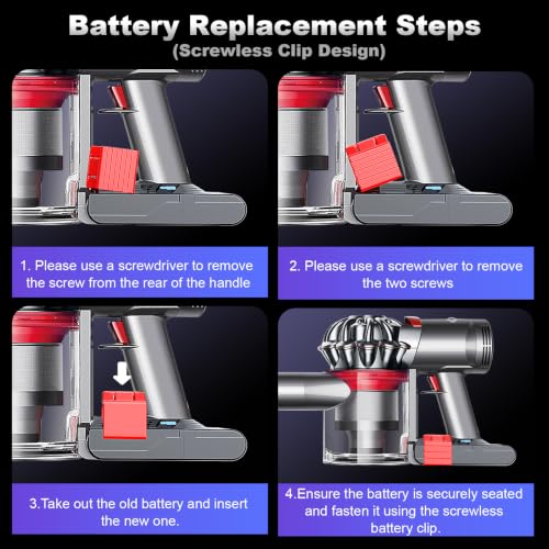 Image of 10000mAh 21.6V Battery Replacement for Dyson V8, 65 Min Runtime, Compatible with SV10 V8 Animal Absolute Motorhead Fluffy Carbon Fiber Car+Boat, Tool-Free Swap Clip & Switch Lock, 2-Yr Warranty