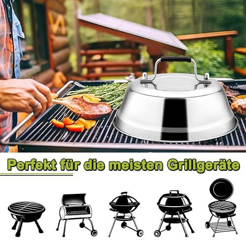 Joyfair Burgerglocke, 4 Stück Edelstahl Burger Glocke mit Gummigriff, Schmelzglocke mit Schraubenzieher für Grill, Steak, Käse, Teppanyaki, Außen & Innen, Schwerlast & Spülmaschinenfest - 16,8 x 6 cm