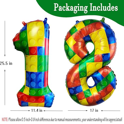 Image of 32 Inch Building Block Number 18 Balloons Birthday Party Decoration Supplie | Birthday Block Themed Large Big Helium Foil Mylar Balloon for Girls Boys