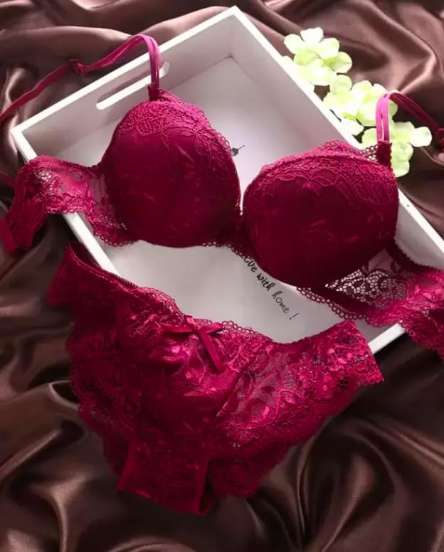 Image of Foxline Women's Lace Push Up Underwired Solid Lingerie Set