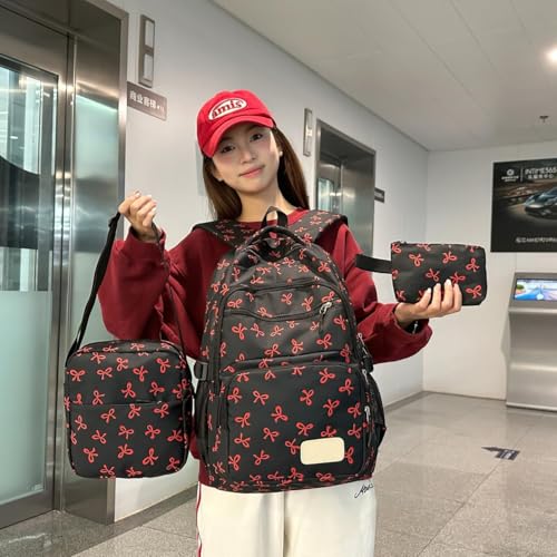 Bow Backpack for Women Coquettes Aesthetic Nylon Rucksack Cute Kawaii Backpack 3Pcs Set With Bow Pattern Red3
