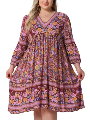 Image of Agnes Orinda Plus Size Summer Dress for Women Casual Boho Floral V Neck 3 /4 Sleeve Midi Short Beach Dress