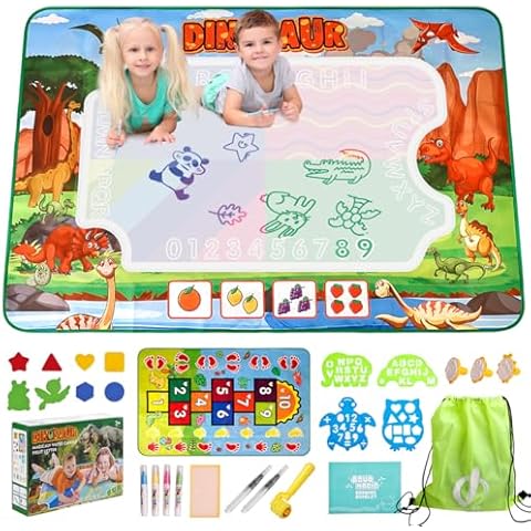 2 in 1 Water Doodle Mat,60 x 40 Inch Kids Extra Large Water Doodle Drawing Mat Toy with Backpack,Hopscotch Rug Design,Educational Toys Dinosaur Mess Free Coloring for Toddlers Gift 3-12 Girls Boys Cover