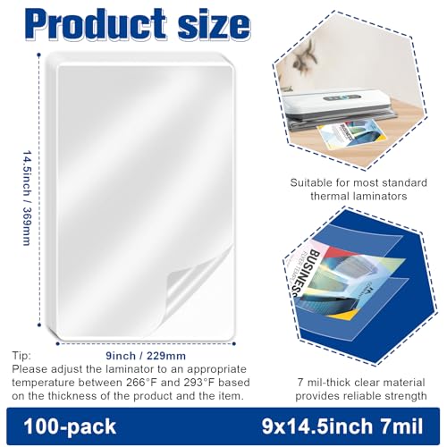 Image of 100 Pack 7 mil Thermal Laminating Pouches for Legal Size 8.5 inchx14 inch Laminating Sheets Thick Clear Plastic Paper Laminator Sheets Laminator Pouches for Documents Laminating Sheets 9x14.5in