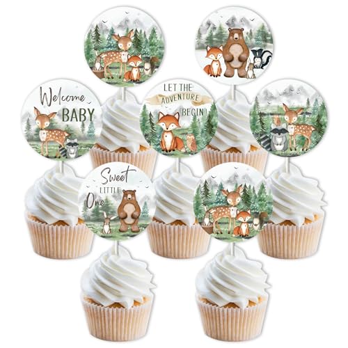 Funmemoir F-PA-10923 Woodland Adventure Baby Shower Decorations 24Pcs Let The Adventure Begin Baby Shower Cupcake Toppers cover