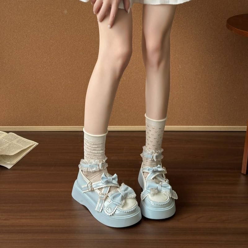 Cute Mary Jane Shoes for Women Round Toe Chunky Platform Cross Strap Ribbon Bow Lace Bunny Leather Lolita Kawaii Aesthetic2