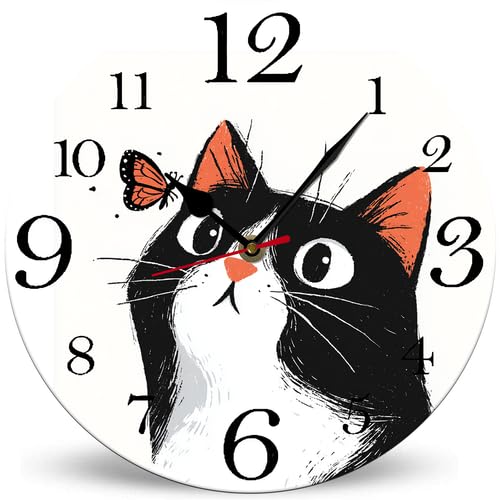 Horienteeon Orologio da parete in legno con gatto che fissa la farfalla, orologio da parete silenzioso senza ticchettio, orologio da parete decorativo rotondo 25 cm, orologio da parete per amanti dei