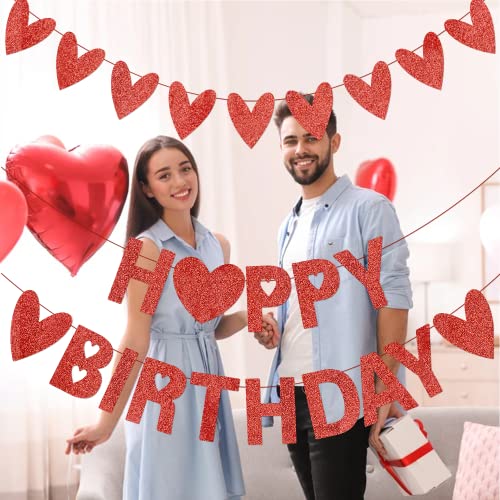 Glittery Red Happy Birthday Banner For Valentine Birthday Decorations Valentines Birthday Party Decorations With Felt Heart Garland Banner #TOP2