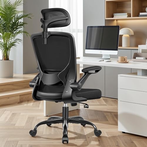 Image of Ergonomic Office Chair, Breathable Mesh Desk Chair for Home Office, 4 Pack | Adjustable Lumbar Support for Back Pain Relief, Computer Chair Comfy for Long Hours, Space-Saving Flip Padded Armrests, Black