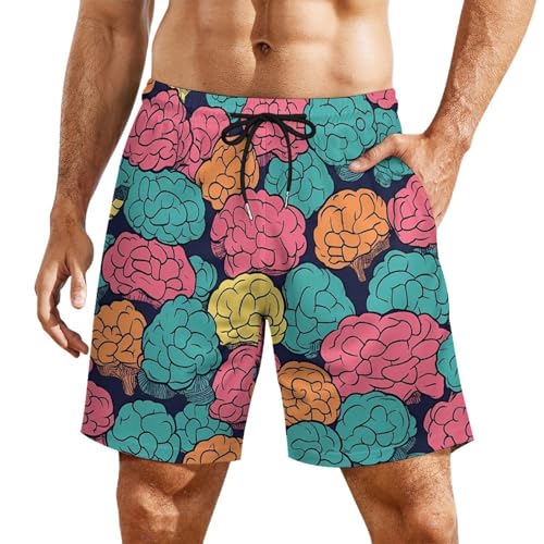 Brains Colorful Pattern Beach Shorts for Men Swim Trunks Quick Dry Swim Shorts with Compression Liner Pocket