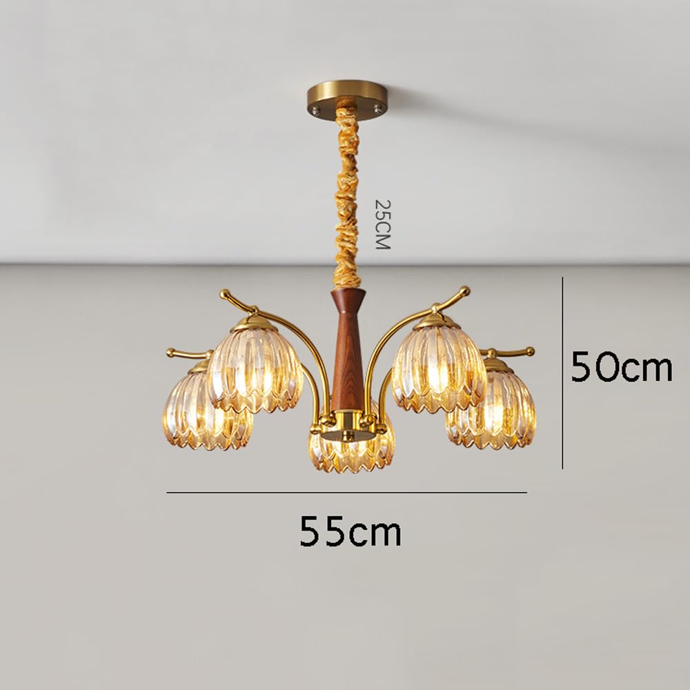 QTHWB Amber Tulip Glass Chandelier with Wood Base Mid-Century for Living Room, Dining Room & Bedroom