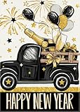 Covido Happy New Year 2026 Truck Decorative Garden Flag, Black Gold Champagne Balloon Gift Firework Yard Outside Decorations, Golden Christmas Winter Outdoor Small Home Decor Double Sided 12 x 18