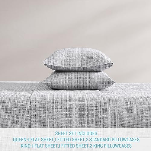 Image of Tommy Bahama - King Sheets, Washed Percale Cotton Bedding Set, Soft & Breathable Bedroom Decor with Deep Pockets (Raffia Linen Grey, King)