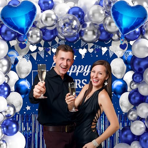 Image of Happy Anniversary Party Decoration 101Pcs, Blue and Silver Anniversary Party Supplies Backdrop Banner Blue and Silver Balloon Arch Kit Tablecloth for Wedding Anniv. Decor