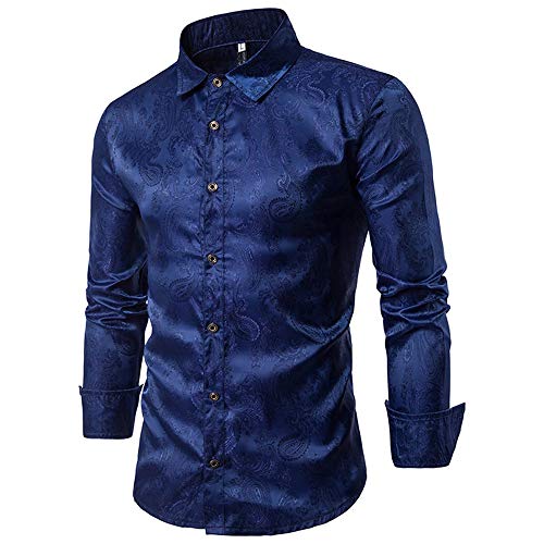 Allthemen Camisa de Cachemir para Hombre, Camisas de Seda Jacquard para Hombre, Camisas de Vestir de Manga Larga, Cuello con Botones, Camisas de Esmoquin Casuales