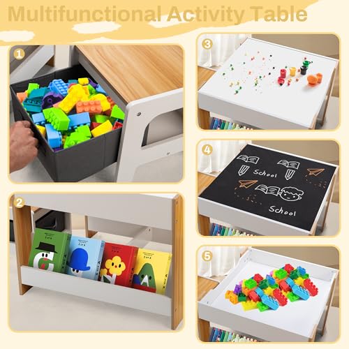 SULIVES Toddler Table and Chairs Set, Kids Wooden Table Chairs for Boys and Girls with Bookshelf and Storage Drawer, Ideal for Toddler Ages Over 3 Reading, Drawing, and Eating, 3 Piece Set, Oak