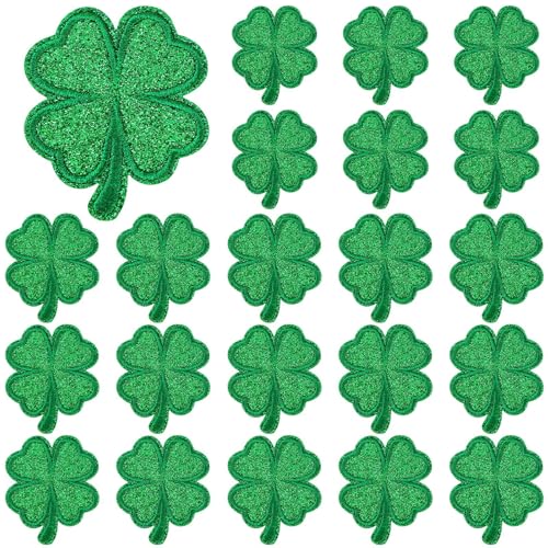 30pcs Glitter Shamrock Iron on Patches St. Patricks Day Clothing Embroidered Green Four Leaf Shamrock Sew on Patches Applique Repair Patch DIY Crafts for Clothing Jacket Jeans Pants Dress Backpack