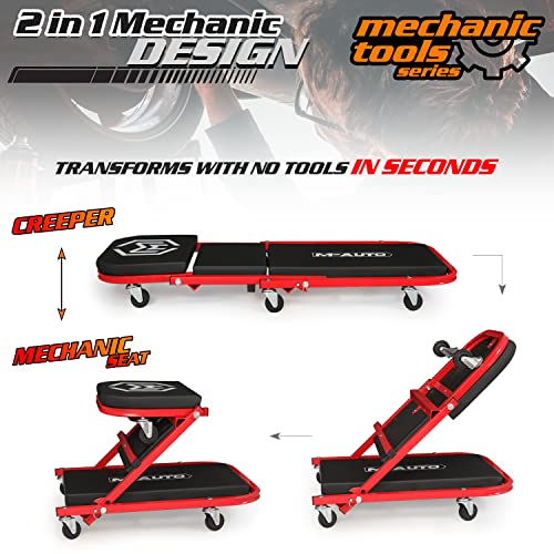 M-Auto 40-Inch Folding Creeper Rolling Seat, All-In-One Adjustable Roller Garage Chair, Lay Down Or Sit, 330Lbs Capacity Under Car Roller Creeper With 6 Swivel Casters, Red #TOP3