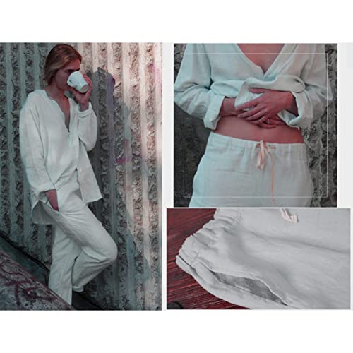 Rakuyume Womens Linen Pajama V-Neck Loungewear Two-Piece Sleepwear Button-Down Pj Set Grey #TOP1