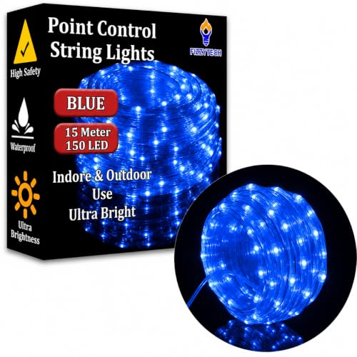 Image of fizzytech Rice Fairy String Lights, 15 Meter Copper Wire Point Control Lights with 8 Flash Modes for Diwali, Christmas, Wedding, Window, Garden & Home Decoration - Blue, 150 LED