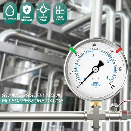 Image of 0-60PSI Stainless Steel Liquid Filled Pressure Gauge, 4 inch Dial Size, 1 /4 inch NPT Lower Mount, for Tube, Water Pump, Gas, Liquid, Pressure Test (with Range Mark Pointer)