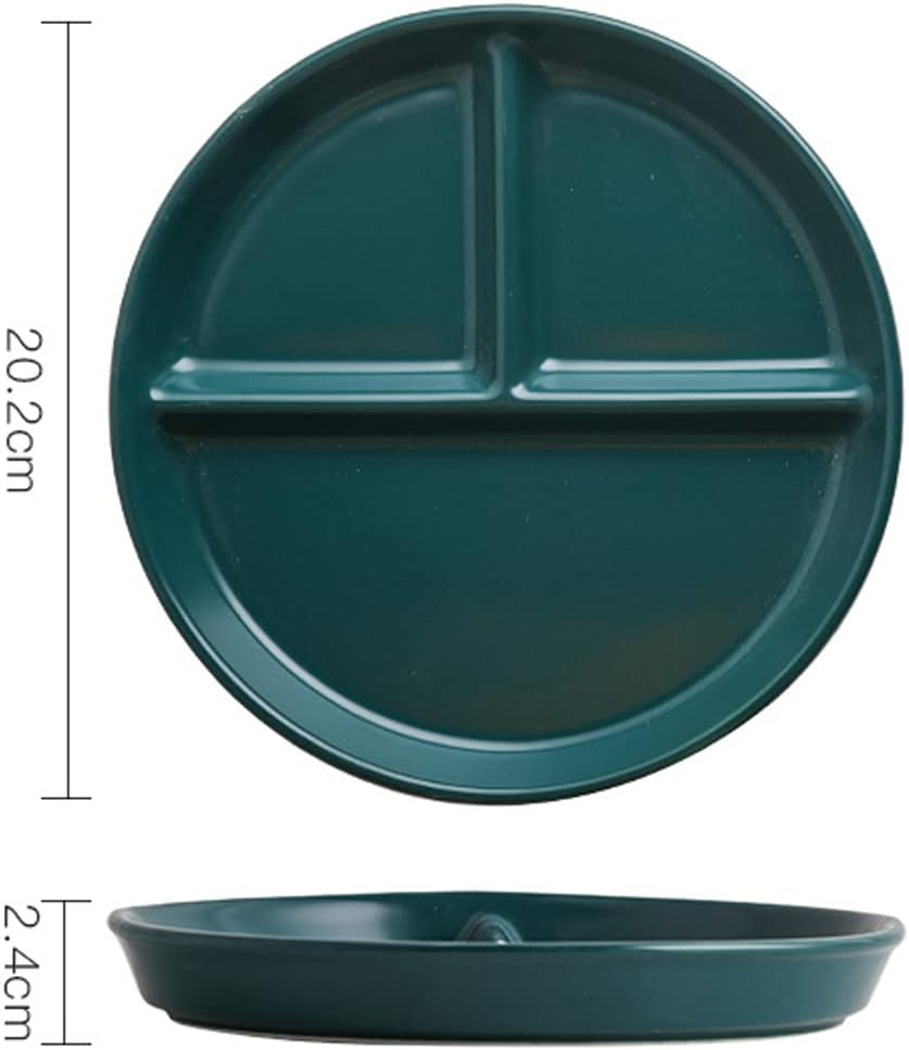 8 inch Green Ceramic Divided Dinner Plates for Adults,2 Pack Porcelain Portion Control Divided Plates,Reusable 3 Compartment Deep Serving Tray Plate Microwave and Dishwasher Safe