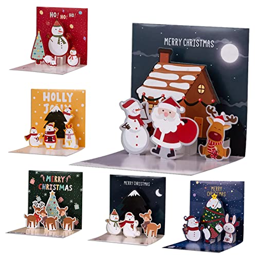 EMPCYDIA Christmas Cards, 6 Pack Small Pop Up Christmas Gift Cards with Envelopes Stickers, 3D Cute Holiday Greeting Card Santa Snowman Reindeer Xmas Tree Bulk Set Xmas Card for Kids 4.3x4.3inch
