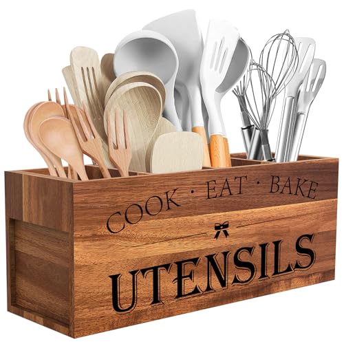 Image of Suli Acacia Wood Utensil Holder for Kitchen Counter,Extra Large Utensils Holder with 4 Compartments,Caddy Organizer for Countertop, Farmhouse Kitchen Decor, Rustic Cooking Utensil-Acacia Brown