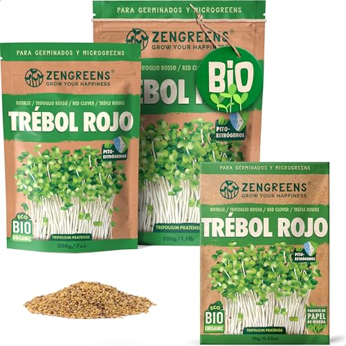 ZenGreens® - Semillas de trébol Rojo ecológico - Elija entre 10g, 200g y 500g - brotes de trébol de los prados - germinación de más del 97% - Microgreens