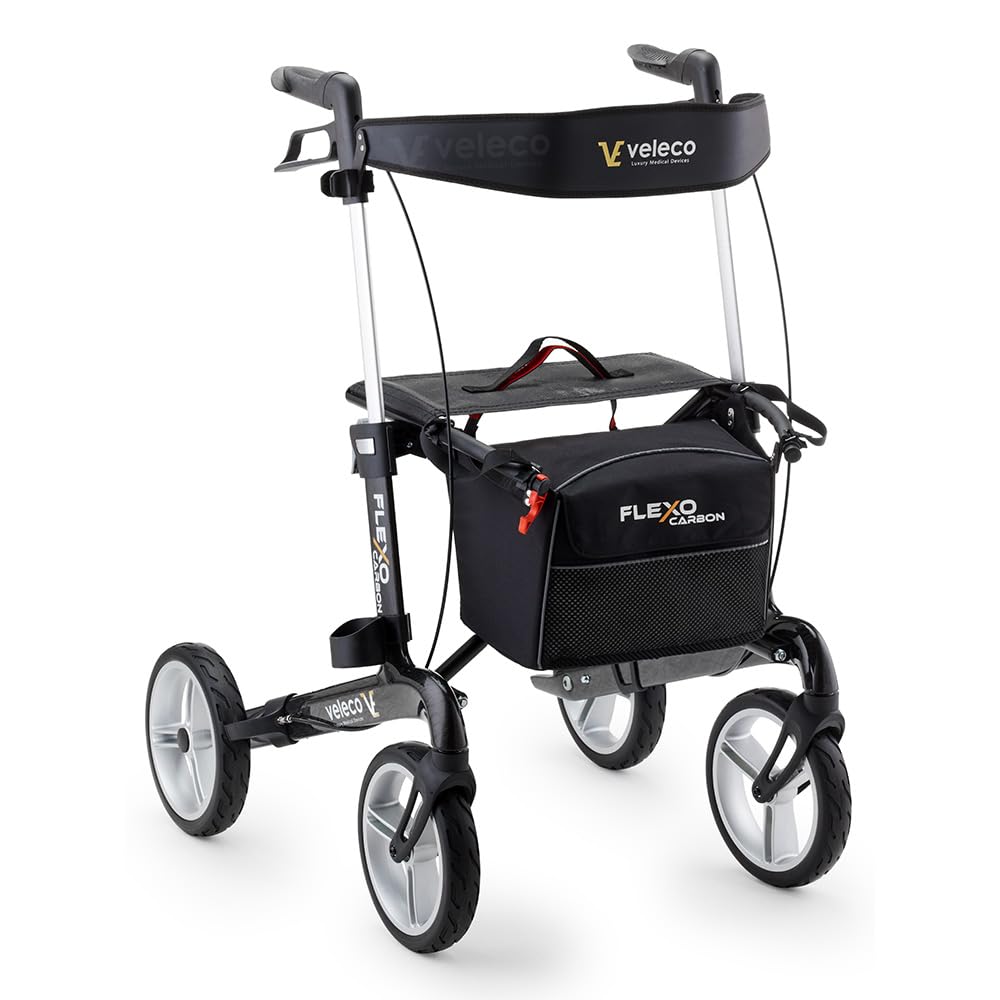Veleco Deambulatore pieghevole in carbonio Flexo a 4 ruote e leggero (nero)