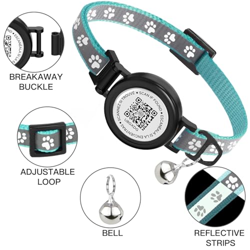 Image of Waterproof Cat Collar with QR TAG & Reflective, Footprints Pattern, Lightweight Kitten Collar for Apple Tag, Hidden GPS Tracker Holder for Cats, Kittens (Teal) (7-12 inch)