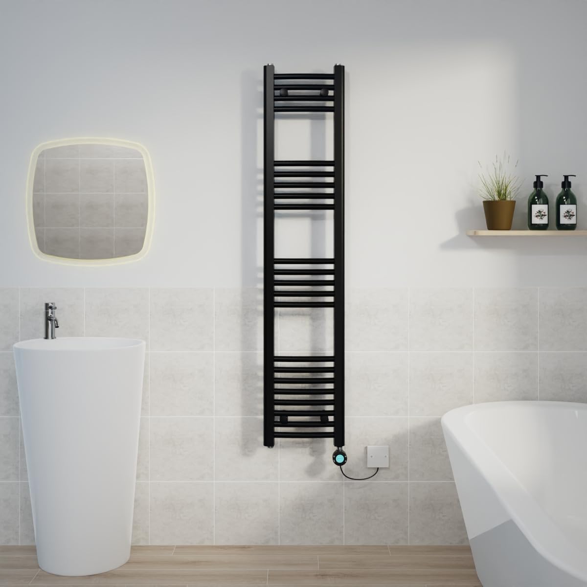 Warmehaus Black Electric Heated Towel Rail Curved Thermostatic Bathroom Towel Radiator With Timer Prefilled - 1400X300mm 800W