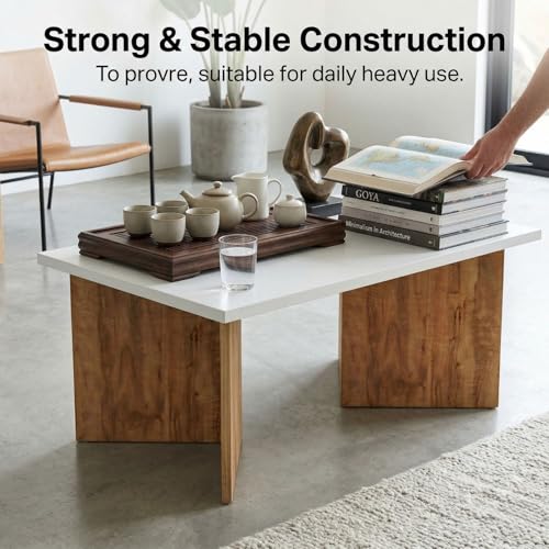 Image of FFO V-Shape Coffee Table for Living Room | Modern Center Table with Engineered Wood Top & Wooden Base | 80x50x40 cm | Stylish Tea Table for Home, Office & Lounge (White & Coach Wood Finish)