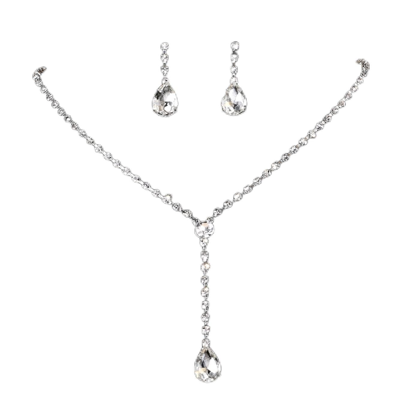 Ushiny - Juego de collar y aretes de diamantes de imitación para boda nupcial de plata con juego de joyas de cristal en forma de lágrima para mujeres y niñas