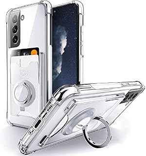 SHIELDS UP] Designed for Galaxy S21 Case, Samsung S21 Wallet Minimalist Case with Ring Kickstand and Card Holder, Shockproof Bumper TPU Transparent Slim Cover for Samsung Galaxy S21 - Clear
