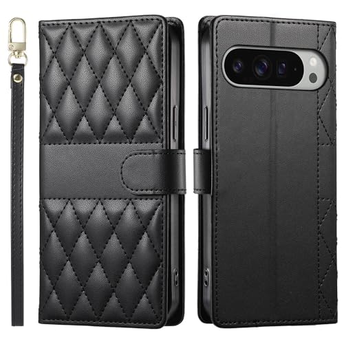 Étui Google Pixel 8 Pro noir portefeuille à rabat en cuir de luxe avec sangle intégrée