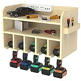 Willstar Wooden Power Tool Storage, 5 Drill Hanging Slots Power Tool Charging Station Wall Mounted Drill Storage Organizer with Screwdriver Cordless Drill Organizer