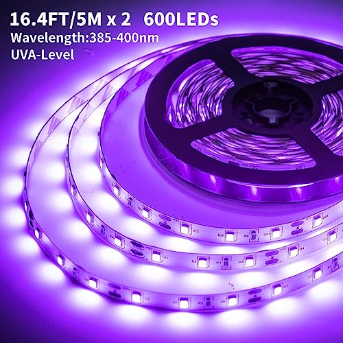 Image of Upgraded 33ft /10M LED Black Light Strip Set with Remote, 600 LEDs, 12V Self-Adhesive Dimmable Black Light Fixture, for Dance Parties, SMD2835 LED Lamp Beads, Non-Waterproof