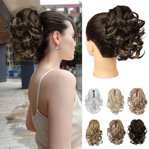 REECHO 9" Short Ponytail Extension, Classic Loose Curly Wavy Claw Clip Pony tails Hair Extensions HP001 Hairpieces for Women - Dark Brown with Highlights