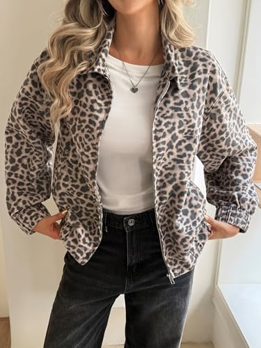 Cicy Bell Womens Leopard Zip Up Bomber Jackets Cropped Long Sleeve Denim Coats Trendy Casual Collared Vintage Outerwear4