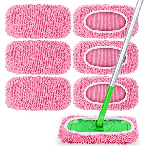 6 Pack Reusable Mop Pads Compatible with Swiffer Sweeper Chenille Mop Refill Pads Dry & Wet Mopping Cloths for Floor Cleaning -Pink