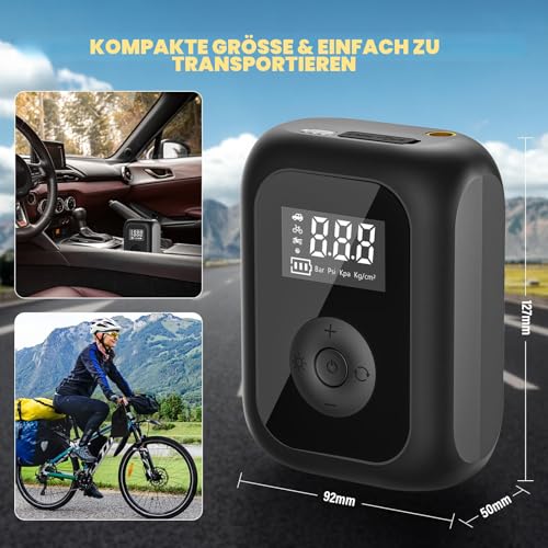 Elektrische Luftpumpe 6000mAh, Fahrradpumpe Mini Kompressor für Reifen 10,3 bar, Kabelloser Tragbare Akku Luftpumpe mit Autostop, 150PSI Akku Luftpumpe für Auto Fahrrad Motorrad Bälle