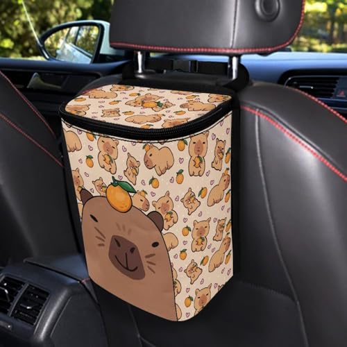 Image of Talayituse Capybara Orange Heart Print Car Trash Can with Adjustable Straps, Car Trash Bag Bin Car Garbage Bag Multipurpose Storage Box for Vehicle Travel Camping Picnicing