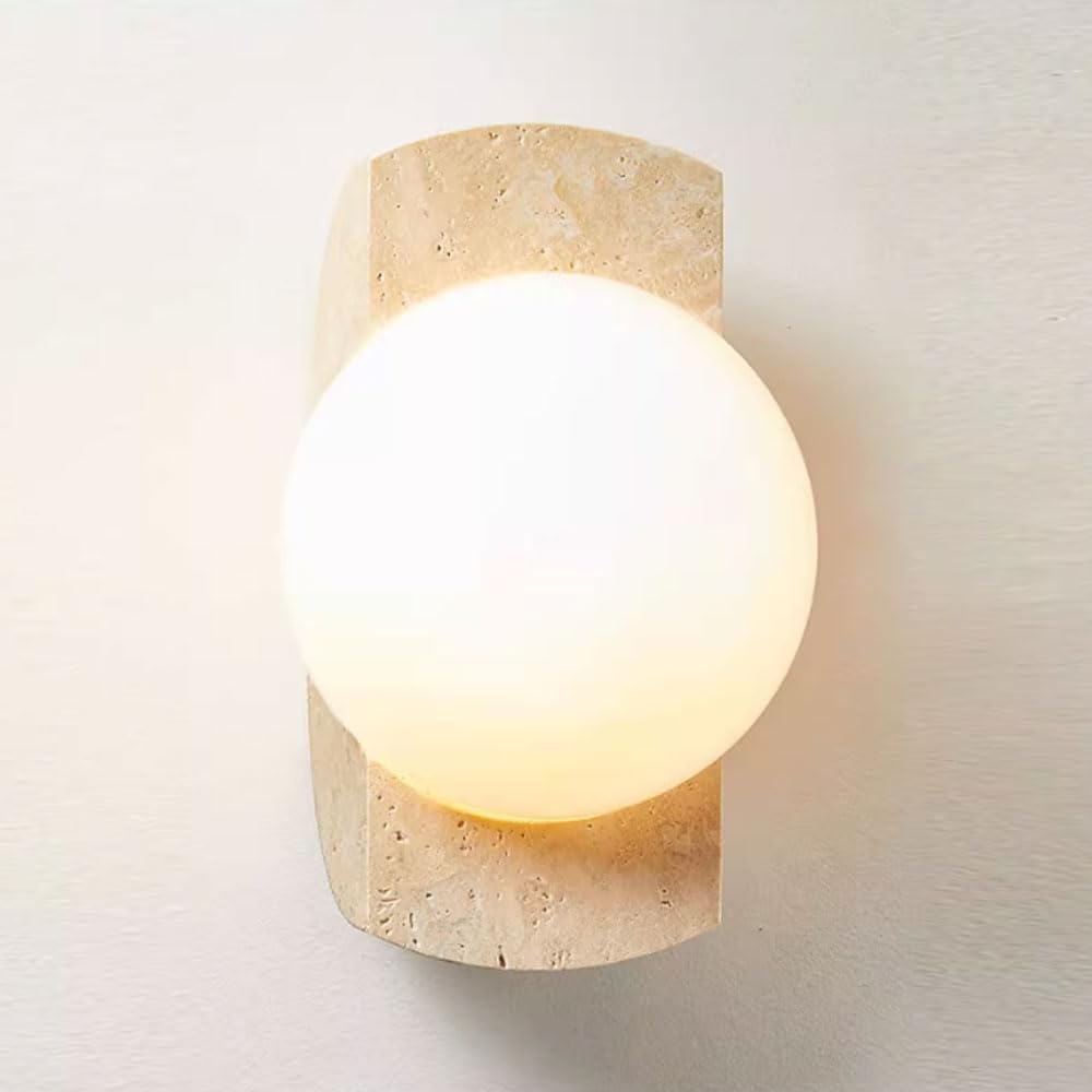 SSBHDM Natural Yellow Travertine Wall Light, Vintage Farmhouse Style Glass Wall Sconce, Hardwired Indoor Wall Lamp, Restaurant Living Room Bedroom Decoration Light Fixtures