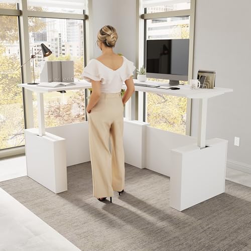 Image of Bush Business Furniture 60-inch Electric Height Adjustable L Shaped Standing Desk, Ergonomic Sit-Stand Computer Table for Office, Stratus Collection, White with White Base