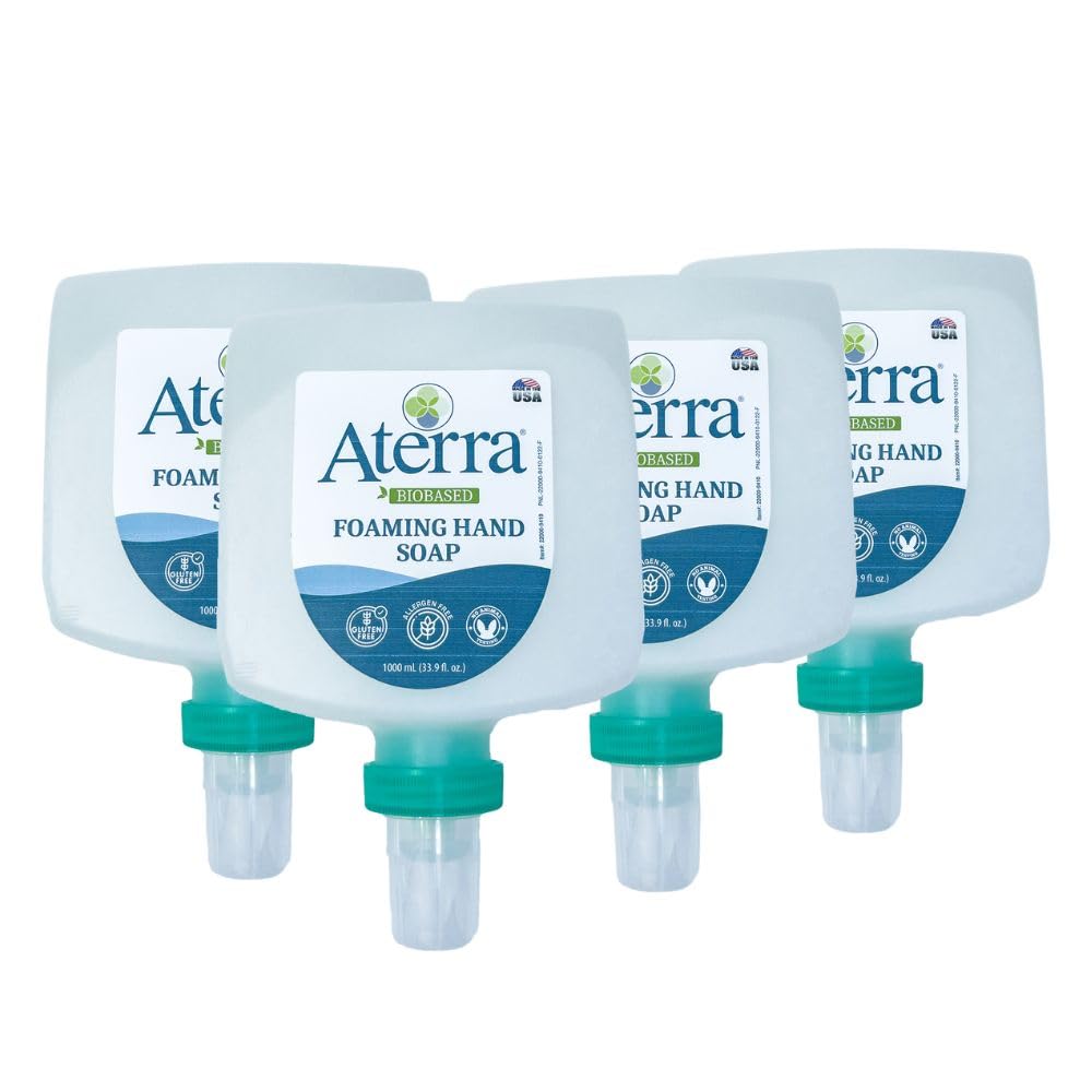 Aterra® Eco-Friendly Foaming Hand Soap bulk, 1 Liter Plastic Bottle for Wall Dispenser, 4-Pack refill