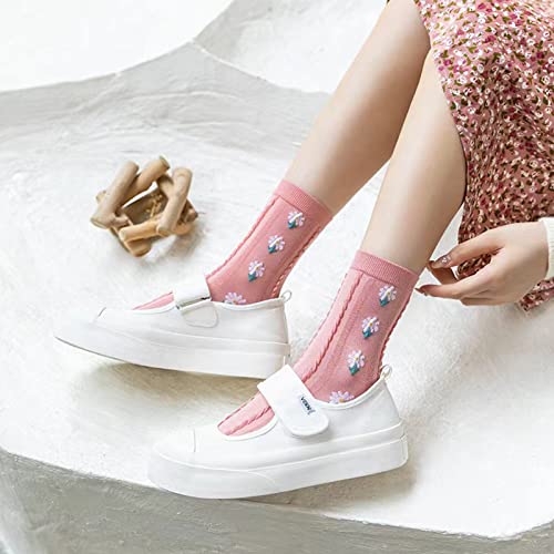 Image of DXYAKY 5 Pairs Womens Floral Cotton Socks Vintage Patterned Crew Socks Novelty Ankle Ruffled Warm Casual Dress Socks